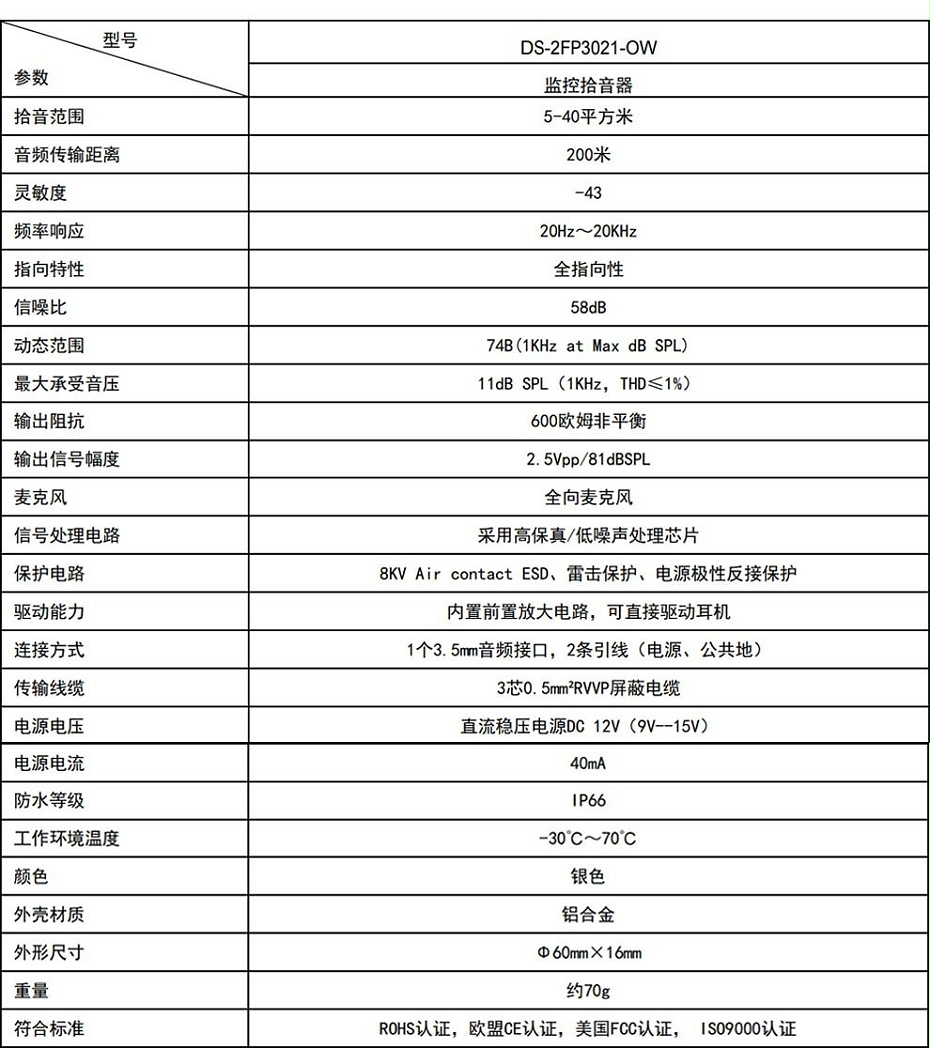 ?？低旸S-2FP3021-OW(國內標配) 監控攝像頭專用拾音器